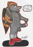 2025 absurd_res anthro areola artist_name balls big_penis biped brown_body brown_hair brown_scales clothing dialogue erection fingers footwear footwear_only genitals glans goodbye_volcano_high hair hi_res humanoid_genitalia humanoid_hands humanoid_penis looking_at_viewer male markings mostly_nude mostly_nude_anthro mostly_nude_male naser_(gvh) nipples non-mammal_balls non-mammal_nipples open_mouth orange_body orange_eyes orange_scales penis pink_nipples plantigrade prehistoric_species pterodactylus pterosaur reptile salyut_(artist) scales scalie scar shaded shadow shoes shoes_only short_hair short_tail side_view simple_background smug solo spanish_text speech_bubble striped_markings stripes tail talking_to_viewer text traditional_media_(artwork) vein veiny_penis white_background wings yeezy