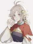  1girl closed_mouth commentary_request eating food grey_background grey_eyes grey_hair hair_ornament hand_up holding holding_food long_hair long_sleeves looking_at_viewer panda_hair_ornament ponytail rune_factory rune_factory_4 rurui_(jac7860) simple_background solo steamed_bun upper_body wide_sleeves xiao_pai 
