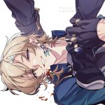  2boys artist_name aventurine_(honkai:_star_rail) black_boots black_gloves black_pants black_vest blonde_hair blood blood_on_face blood_on_ground blue_eyes blue_gemstone blue_shirt boots caelus_(honkai:_star_rail) collared_shirt earrings gem gloves gold_ring hair_between_eyes highres honkai:_star_rail honkai_(series) jewelry leg_grab long_sleeves looking_at_viewer lying male_focus multicolored_eyes multiple_boys multiple_rings neck_tattoo nosebleed on_back pants purple_eyes ring rongyuan_gulu shirt short_hair simple_background single_earring smile solo_focus sparkle standing tattoo teeth trailblazer_(honkai:_star_rail) upper_body vest white_background yaoi 