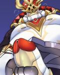 2025 absurd_res ascended_king_(genshin_impact) belly blue_background blush bodily_fluids crown erection facial_hair genital_fluids genitals genshin_impact headgear hi_res humanoid humanoid_genitalia humanoid_penis khuanzg male masturbation mihoyo moobs multicolored_penis mustache overweight overweight_male penis precum royalty simple_background solo