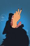 black_body black_fur bodily_fluids canid canine feral feral_pred fur hi_res human human_prey mammal neck_bulge open_mouth oral_vore paradoxinhead saliva teeth tongue vore yellow_sclera