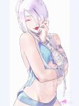  1girl a.k.i._(street_fighter) albino bandage_over_one_eye bandaged_arm bandaged_neck bandages bikini highres looking_at_viewer mole mole_under_mouth navel official_alternate_costume official_alternate_hairstyle red_eyes red_lips smile solo stomach street_fighter street_fighter_6 swimsuit uixy white_hair 