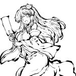 1girl absurdres bare_shoulders breasts detached_sleeves frog_hair_ornament gohei hair_ornament hair_tubes highres holding holding_gohei kochiya_sanae large_breasts long_hair looking_at_viewer monochrome open_mouth pioartstuff simple_background skirt snake snake_hair_ornament solo touhou white_background wide_sleeves 