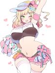  1girl absurdres arm_up armband blonde_hair blush bow breasts commentary fang green_eyes hair_ornament hairclip heart highres holding hololive kuma_no_bansoukou large_breasts looking_at_viewer momosuzu_nene momosuzu_nene_(cheerleader) navel one_eye_closed pom_pom_(cheerleading) simple_background skirt symbol-only_commentary thick_thighs thighhighs thighs underboob virtual_youtuber visor_cap white_background 