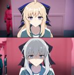  2girls absurdres aesc_(fate) aesc_(savior)_(fate) ahoge before_and_after black_ribbon blonde_hair blue_eyes blue_ribbon blush commentary_request comparison depressed fate/grand_order fate_(series) hair_between_eyes hair_ribbon highres ice_choco_maker long_hair meme morgan_le_fay_(fate) multiple_girls parted_lips ribbon sad shaded_face sidelocks smile squid_game white_hair year_1_&amp;_year_2_(squid_game)_(meme) 
