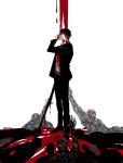  1boy arm_up belt black_eyes black_suit blood blood_drip blood_from_forehead blood_on_clothes blood_on_face blood_on_hands blood_on_weapon collared_shirt corpse covering_own_mouth dripping full_body head_tilt highres holding holding_sword holding_weapon library_of_ruina male_focus people pile_of_corpses project_moon reaching reaching_towards_another roland_(project_moon) shirt silhouette solo standing suit sword weapon white_background white_shirt wuruko 