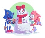 absurd_res amy_rose anthro blue_body carrot clothing digital_media_(artwork) duo eulipotyphlan evan_stanley female food footwear gloves green_clothing handwear hedgehog hi_res holding_object looking_down machine male mammal metal_sonic on_one_leg open_mouth plant red_eyes red_scarf robot scarf sega shoes simple_background smile snowman sonic_the_hedgehog_(series) standing vegetable white_clothing white_gloves white_handwear