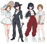  2girls baggy_pants black_hair black_shoes black_suit blue_bow blue_eyes blue_ribbon blush bow breasts brown_hair cane cleavage crop_top dress dress_shirt fedora four-pointed_star frown gold_buttons hat highres jacket kill_la_kill kitten_heels looking_at_viewer mankanshoku_mako matoi_ryuuko multicolored_hair multiple_girls pants pinstripe_pattern pinstripe_suit pleated_skirt red_pants red_streaks ribbed_jacket ribbon shirt shoes short_hair sisi_am1011 skirt smile sneakers socks streaked_hair suit sukajan sun_hat thighs white_background white_dress white_shoes 