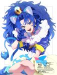  1girl animal_ears animal_hands aoi_tete blue_choker blue_gloves blue_hair choker crown cure_gelato fur-trimmed_jacket fur_trim gloves gold_crown highres jacket kirakira_precure_a_la_mode lion_ears lion_tail open_mouth pointed_crown precure sharp_teeth solo solo_focus tail teeth thighhighs 