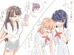  4girls blue_hair braid breasts brown_hair commentary_request dress freshfish fujishima_megumi green_eyes grey_skirt hair_bun half_up_braid half_updo hand_up hasu_no_sora_school_uniform highres hinoshita_kaho holding holding_phone link!_like!_love_live! long_hair love_live! medium_breasts medium_hair miniskirt multiple_girls murano_sayaka neckerchief open_mouth orange_hair otomune_kozue phone puffy_short_sleeves puffy_sleeves purple_eyes purple_hair red_neckerchief sailor_collar sailor_dress school_uniform shirt short_sleeves side_ponytail sidelocks simple_background single_side_bun skirt speech_bubble spoken_character summer_uniform t-shirt thought_bubble virtual_youtuber white_background white_dress white_sailor_collar white_shirt 