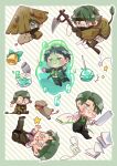  1boy animal_ears bell between_legs black_gloves blood blood_on_clothes bow broken_horns candy clipboard coat collared_shirt cow cow_ears cow_horns cow_tail cowbell cup diagonal-striped_background doodle_inset e.g.o_(project_moon) eyewear_on_head farmwatch_(e.g.o) food gloves green_bow green_coat green_hair green_necktie hand_between_legs hat highres holding holding_scythe horns id_card kemonomimi_mode kicking leaning_forward limbus_company lollipop multiple_views neck_bell necktie one_eye_covered outstretched_arms paper petting project_moon reaching robe samjo_(project_moon) scarf scarf_over_mouth scythe shirt sitting slime_(substance) star_(symbol) straw_hat striped_background tail unconventional_weapon white_coat white_shirt wuruko 