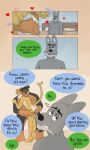 3:5 5_fingers age_difference anthro bed belly big_belly black_body black_fur black_hair black_nose brown_body brown_fur canid canine canis chuck_(p_rindustries) daddy_kink dialogue dobermann domestic_cat domestic_dog dominant english_text felid feline felis fingers fred_(p_rindustries) fur furniture hair hand_on_butt hands_on_stomach heart_symbol hi_res hug laugh looking_away male male/male mammal mature_male mullet on_bed p_rindustries pink_nose pinscher sitting size_difference slightly_chubby smile speech_bubble standing striped_body striped_fur stripes submissive tail tail_motion tailwag tan_body tan_fur text whisker_spots white_body white_fur will_(p_rindustries) wolf