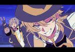  2boys aventurine_(honkai:_star_rail) aventurine_(stoneheart&#039;s_oath_ring)_(honkai:_star_rail) black_border black_coat black_gloves black_hat black_pants blonde_hair blue_eyes blue_gemstone blue_sky border building caelus_(honkai:_star_rail) city closed_eyes coat collarbone collared_shirt commentary_request crystal_earrings earrings fingerless_gloves gem gloves grey_hair hair_between_eyes hand_up happy hat highres honkai:_star_rail honkai_(series) hood hooded_coat in-universe_location jacket jewelry lapels long_sleeves looking_at_viewer male_focus multicolored_eyes multiple_boys necktie night night_sky official_alternate_costume one_eye_closed open_clothes open_coat open_jacket open_mouth open_vest outdoors pants peril puffy_long_sleeves puffy_sleeves purple_eyes purple_hat purple_jacket purple_vest rongyuan_gulu shirt short_hair sidelocks sky skyscraper smile standing t-shirt teeth trailblazer_(honkai:_star_rail) two-sided_fabric two-sided_jacket v vest white_shirt yellow_jacket yellow_necktie 