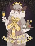 5_fingers alcohol anthro beverage bovid breasts caprine champagne ear_piercing ear_tag elderly_anthro elderly_female english_text female fingers fur gift_wrapped grey_body grey_fur grey_wool hi_res holidays humanoid_hands kantachibli mammal michelle_(kantachibli) multicolored_body multicolored_fur navel new_year nipples one_eye_closed piercing sagging_breasts sheep smile solo standing stretch_marks text two_tone_body two_tone_fur url white_body white_fur white_wool wink wool_(fur)