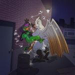 1:1 2_penises alley alley_sex anal anal_penetration animal_genitalia animal_penis anthro anthro_on_anthro argon_vile avian balls barefoot beak big_balls big_penis blush bodily_fluids claws clothing cum cum_in_ass cum_inside cum_on_body cum_while_penetrated cumming_while_penetrating duo english_text erection eyewear feet food genital_fluids genitals glasses green_body green_skin grey_clothing grey_hat grey_headwear grey_stripes gryphon hair hat hat_only headgear headgear_only headwear headwear_only headwrap hemipenes hi_res humanoid_genitalia humanoid_penis interspecies male male/male male_penetrated male_penetrating male_penetrating_male mammal monotreme mostly_nude multi_genitalia multi_penis mythological_avian mythological_creature mythology nude one_in_one_out orgasm outside outside_sex penetration penis platypus popcorn purple_hair sex size_difference sokob stripes sweat text tongue urban wings
