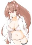  1girl akara_kai black_thighhighs blush bow bow_bra bow_panties bra breasts brown_eyes brown_hair cherry_blossoms collarbone flower hair_between_eyes hair_flower hair_ornament highres kantai_collection large_breasts long_hair looking_at_viewer open_clothes open_shirt panties ponytail single_thighhigh smile solo thighhighs underwear very_long_hair white_background white_bra white_panties yamato_(kancolle) 