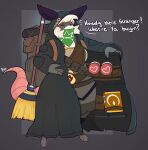 absurd_res almy american_opossum anthro atlyss backpack blush book broom capcom cleaning_tool clothed clothing coat crossover digital_media_(artwork) eyes_closed female fingerless_gloves gloves handwear hi_res mammal marsupial open_clothing open_coat open_topwear pockets potion resident_evil sally_(atlyss) simple_background solo tail text topwear virginia_opossum