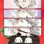  2boys black_hair black_pants commentary_request eyelashes grand_piano grey_hair hair_between_eyes highres ikari_shinji instrument korean_commentary looking_ahead male_focus manbom_03 multiple_boys music nagisa_kaworu neon_genesis_evangelion pants parted_lips piano playing_instrument playing_piano red_background red_eyes school_uniform shirt short_hair short_sleeves side-by-side sitting t-shirt tokyo-3_middle_school_uniform tree white_shirt 