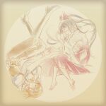  2girls alice_margatroid alternate_costume barefoot belt blonde_hair boots bow closed_eyes closed_mouth commentary_request hair_bow hakama hakama_skirt hakurei_reimu high_heel_boots high_heels highres hip_vent holding_hands japanese_clothes karaqia kimono knee_boots long_hair multiple_girls pants red_bow red_hakama ribbon-trimmed_sleeves ribbon_trim shirt skirt smile toes touhou very_long_hair white_kimono white_shirt yuri 