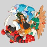  1boy arrow_(projectile) backpack bag black_shirt blue_eyes bow_(weapon) brown_eyes claws clenched_hand clothing_cutout colored_sclera commentary crew_neck dark-skinned_male dark_skin decidueye floral_print fua1heyvot4ifsr green_eyes green_hair grey_background hair_intakes hau_(pokemon) highres incineroar male_focus one_eye_closed open_mouth orange_bag orange_sandals orange_shoes orange_shorts outstretched_arm pokemon pokemon_(creature) pokemon_sm ponytail primarina sandals sharp_teeth shirt shoes short_sleeves shorts starfish_hair_ornament symbol-only_commentary teeth tongue upper_teeth_only weapon yellow_eyes yellow_sclera 
