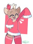 2022 accessory aiyhav_nouneim anthro antlers artist_logo artist_name black_nose brown_body brown_fur chest_tuft christmas christmas_clothing clothing countershading deer eyes_closed femboy fur fur_markings garter_straps grey_eyes happy holidays horn legwear logo male mammal markings multicolored_body multicolored_clothing multicolored_fur oakley_(aiyhav_nouneim) open_mouth oversized_clothing oversized_topwear pattern_clothing pattern_legwear pattern_thigh_highs raised_arms red_background red_clothing red_legwear red_thigh_highs short_tail simple_background solo standing striped_clothing striped_legwear striped_thigh_highs stripes tail tan_body tan_fur text thigh_highs topwear tuft two_tone_body two_tone_fur white_background white_clothing
