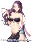  1girl bare_shoulders bead_bracelet beads bikini black_bikini black_choker black_sarong bracelet breasts brown_eyes chain choker commentary_request cowboy_shot earrings fins gem gold_chain hand_up head_fins hwansang_jungdog jewelry king&#039;s_raid korean_commentary long_hair looking_at_viewer maria_(king&#039;s_raid) medium_breasts mixed-language_commentary navel official_alternate_costume official_art partial_commentary pearl_(gemstone) pearl_earrings purple_hair purple_nails sarong seashell shell simple_background smile solo starfish swimsuit 