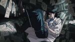  1boy abaraya against_wall belt black_hair blue_eyes blue_shirt brown_belt brown_shoes cable coat computer crack_of_light dappled_sunlight dress_shirt facial_mark facing_to_the_side fudo_yusei garage hair_over_one_eye hair_slicked_back highres holding holding_laptop indoors industrial industrial_pipe knees_up lab_coat laptop leaning_back looking_at_object looking_to_the_side male_focus monitor open_clothes open_coat paper papers repairing shirt shoes sleeves_rolled_up smile spiked_hair sticky_note sunlight tape warehouse white_coat wire yu-gi-oh! yu-gi-oh!_5d&#039;s 
