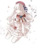  1girl arcaea beret bow bowtie broken_glass bug butterfly carnation chain chinese_commentary closed_mouth commentary_request cropped_shirt dress flower frilled_dress frills glass glass_shards gold_chain grey_eyes hair_between_eyes hat highres hikari_(arcaea) hikari_(fracture)_(arcaea) huaying_(yueluoshanhe103) long_hair long_sleeves looking_at_viewer pink_carnation pink_flower puffy_long_sleeves puffy_sleeves red_bow red_bowtie red_butterfly red_hat seiza shirt sitting solo thighhighs two-tone_bow wavy_hair white_background white_dress white_hair white_shirt white_thighhighs 