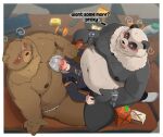 2025 anthro asian_clothing bear belly ben_bigger black_body black_fur blush brown_body brown_fur clothed clothing detailed_background drunk east_asian_clothing eye_scar eyewear facial_scar fundoshi fundoshi_only fur giant_panda glasses grey_hair group hair hi_res human inside japanese_clothing male male/male mammal mihoyo moobs overweight overweight_male pan_yin_hu scar substance_intoxication thiren topless trapped_between_bellies trio underwear underwear_only white_body white_fur wise_(zenless_zone_zero) yeminthura29985 zenless_zone_zero