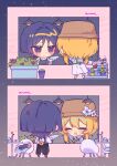  1boy 1girl alternate_costume animalization apron arm_behind_back arm_up black_apron black_cat black_eyes black_pants blonde_hair blue_flower blue_hair blue_shirt blunt_ends blush brown_hat bush cactus casual cat chair chibi closed_eyes collared_shirt contemporary cup dandelion facing_another flower genshin_impact green_apron hair_between_eyes hair_intakes happy hat hat_flower heart hetero highres holding holding_letter holding_plate letter looking_at_another love_letter lumine_(genshin_impact) multicolored_flower multicolored_hair multiple_views open_mouth pants person_and_animalization plant plate potted_plant purple_flower purple_hair red_flower scaramouche_(cat)_(genshin_impact) scaramouche_(genshin_impact) shirt short_hair short_hair_with_long_locks sidelocks skirt smile standing steam streaked_hair striped_clothes striped_shirt table twitter_username waiter white_flower white_shirt white_skirt wispy_bangs yellow_flower yunhhj 