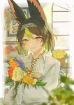  1boy absurdres animal_ear_fluff animal_ears black_hair blue_flower blush bug butterfly collared_shirt commentary cross-laced_clothes flower genshin_impact green_hair hair_between_eyes hashtag-only_commentary headband highres holding holding_flower janedoe_1229 lace_trim large_ears lavender_(flower) leaf long_sleeves looking_to_the_side male_focus multicolored_eyes multicolored_hair mushroom orange_flower parted_bangs picture_frame plant potted_plant purple_flower shirt short_hair sideways_glance smile solo streaked_hair tighnari_(genshin_impact) tongue upper_body white_flower white_shirt wide_sleeves window wing_collar 