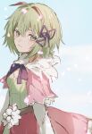  1girl antennae blue_eyes capelet commentary_request cowboy_shot green_hair green_shirt hair_between_eyes hair_ribbon highres juliet_sleeves kohaku_(rune_factory) long_sleeves looking_at_viewer petals pink_capelet pink_skirt puffy_sleeves purple_ribbon ribbon rune_factory rune_factory_4 rurui_(jac7860) shirt short_hair skirt solo 