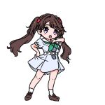  1girl :d blue_dress blush_stickers borrowed_hairstyle breasts brown_hair brown_shoes commentary deformed dress flower fujishima_megumi full_body green_neckerchief hair_flower hair_ornament hasu_no_sora_school_uniform large_breasts link!_like!_love_live! loafers looking_at_viewer love_live! neckerchief open_mouth osawa_rurino pleated_dress puffy_short_sleeves puffy_sleeves red_flower sailor_collar sailor_dress school_uniform shinanoya_(satanicad) shoes short_dress short_sleeves simple_background smile socks solo standing summer_uniform twintails virtual_youtuber white_background white_sailor_collar white_socks 