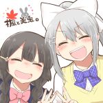  2girls :d ^_^ black_hair blush blush_stickers bow braid cardigan_vest closed_eyes collared_shirt dress_shirt grey_hair hair_bow hair_ornament hair_over_shoulder hairclip higuchi_kaede higuchi_kaede_(3rd_costume) long_hair low_twintails middle_w mole mole_under_eye multiple_girls nijisanji pink_bow ponytail purple_bow rebecca_(keinelove) school_uniform shirt simple_background smile sweater_vest translation_request tsukino_mito tsukino_mito_(summer_uniform) twin_braids twintails upper_body v virtual_youtuber w white_background white_bow white_shirt 