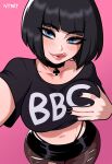  1girl black_choker black_hair black_nails black_shirt blue_eyes blush breasts brown_pantyhose choker collarbone crop_top grabbing_own_breast highres large_breasts licking_lips looking_at_viewer microskirt midriff mole mole_under_eye naughty_taboos navel original panty_straps pantyhose pink_background print_shirt shirt short_hair simple_background skirt solo spade_(shape) stomach tongue tongue_out torn_clothes torn_pantyhose 