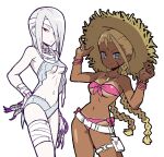  2girls :/ a.k.i._(street_fighter) absurdres albino bandaged_arm bandaged_head bandaged_leg bandaged_neck bandages belt bikini blue_eyes bracelet braid breasts cammy_white claw_(weapon) front-tie_bikini_top front-tie_top hat highres jewelry loose_belt medium_breasts mole mole_under_mouth multiple_bracelets multiple_girls navel necklace official_alternate_costume official_alternate_hairstyle pale_skin pink_bikini red_eyes sach56000 scar scar_on_cheek scar_on_face shaded_face small_breasts smile strapless strapless_bikini straw_hat street_fighter street_fighter_6 swimsuit tan tanlines twin_braids underboob weapon white_hair 