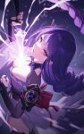  1girl absurdres arm_up blunt_bangs braid breasts cleavage electricity from_side genshin_impact glowing glowing_sword glowing_weapon hair_ornament highres holding holding_sword holding_weapon japanese_clothes kimono long_braid long_hair looking_at_viewer mole mole_under_eye nail_polish parted_lips purple_eyes purple_hair purple_kimono purple_nails raiden_shogun shali solo sword thighhighs upper_body weapon 