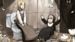  3girls :d apron baby_animal bendy_straw bird black_shoes blonde_hair blue_eyes brown_apron brown_eyes brown_hair brown_shoes chicken chocolate_chip_cookie clumsy_nun_(diva) cookie cup diva_(hyxpk) drinking_straw duck duckling embarrassed english_commentary feathers food froggy_nun_(diva) highres little_nuns_(diva) long_hair motion_blur multiple_girls note nun on_floor on_toilet shirt shoes sitting smile strict_nun&#039;s_mother_(diva) sweat toilet toilet_paper traditional_nun white_shirt wing_flapping 