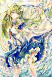  1girl absurdres ahoge bare_shoulders blue_eyes blue_skirt breasts closed_mouth collared_shirt detached_sleeves dot_nose frilled_skirt frills frog_hair_ornament green_hair hair_ornament hair_tubes highres kazu_(pixiv_73870096) kochiya_sanae long_hair long_sleeves looking_at_viewer midriff navel necktie patterned_clothing print_skirt ribbon-trimmed_sleeves ribbon_trim shirt sideboob single_hair_tube single_sidelock skirt skirt_set sleeve_bow sleeveless sleeveless_shirt smile snake_hair_ornament solo touhou traditional_media upper_body very_long_hair water watermark wide_sleeves wing_collar yellow_necktie 