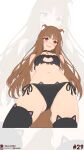  1girl absurdres animal_ear_fluff animal_ear_legwear animal_ears arms_behind_back ass_visible_through_thighs bell black_bra black_choker black_panties black_thighhighs blush bra brown_hair cat_cutout cat_ear_legwear cat_ear_panties cat_lingerie choker cleavage_cutout clothing_cutout commentary cropped_legs english_commentary frilled_bra frills from_below highres holo jingle_bell likunea long_hair looking_at_viewer looking_down navel neck_bell open_mouth panties patreon_logo patreon_username red_eyes side-tie_panties smile spice_and_wolf stomach tail thighhighs twitter_username twitter_x_logo underwear underwear_only very_long_hair wolf_ears wolf_girl wolf_tail zoom_layer 