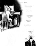 2025 4:5 5_fingers absurd_res anthro avian beak bird black_beak black_clothing black_jacket black_topwear border chair clothing collared_jacket comic computer computer_desk computer_monitor desk dialogue duo electronics english_text eyebrows fingers fish furniture gesture greyscale hi_res jacket maccaw_(sharkinthepark) male marine monochrome owl shark shark_fin shark_tail sharkinthepark shirt simple_background smile sound_effects table tail text topwear waving white_background