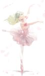  1girl absurdres airool ankle_ribbon arm_up armband armpit_crease armpits ballerina ballet_slippers bang_dream! bang_dream!_it&#039;s_mygo!!!!! bare_shoulders blunt_ends breasts chinese_commentary choker collarbone commentary_request dancing dated dress en_pointe english_commentary falling_petals floating_hair frilled_armband frilled_choker frills full_body green_eyes green_hair hand_up highres invisible_floor leg_ribbon leg_up long_hair looking_to_the_side mixed-language_commentary pantyhose parted_lips partial_commentary petals pink_armband pink_choker pink_dress pink_ribbon pink_slippers ribbon see-through_clothes see-through_dress sideways_glance slippers solo standing standing_on_one_leg strapless strapless_dress tutu wakaba_mutsumi weibo_username white_background white_pantyhose 