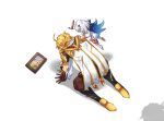  1boy 2girls aether_(genshin_impact) ahoge all_fours armor back baggy_pants black_boots blonde_hair blue_scarf boots braid brother_and_sister brown_gloves brown_pants brown_shirt commentary_request constellation_print crystal_hair_ornament faceless gauntlets genshin_impact gloves gold_trim hair_ornament hair_ribbon halo hand_on_another&#039;s_back highres long_hair long_sleeves low-braided_long_hair low-tied_long_hair lumine_(genshin_impact) mechanical_halo multiple_girls paimon_(genshin_impact) pants photo_(object) puffy_long_sleeves puffy_sleeves ribbon scarf shadow shirt short_hair short_sleeves shoulder_armor siblings simple_background starry_sky_print white_background white_boots white_hair white_ribbon white_romper white_scarf yuka_(pixiv38407039) 