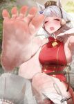 1girl animal_ears arm_up armpits artist_name barefoot belt blush boots bow bowtie breasts brown_belt brown_hat closed_eyes dress ear_bow ear_covers eyelashes fang feet foot_focus foot_out_of_frame foot_up gold_ship_(umamusume) gold_trim grey_hair hat highres horse_ears horse_girl large_breasts looking_at_viewer no_legwear nokchamint open_mouth paid_reward_available pillbox_hat red_bow red_bowtie red_dress sideboob signature single_boot skin_fang sleeveless smell soles solo spread_toes steaming_body sweatdrop sweaty_foot toes twitter_username umamusume underbust unworn_boots 