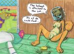 3_toes anthro breasts brown_body clothing container dialogue duo english_text feet female food fruit genitals hi_res jar jumpsuit male mammal nickelodeon nude paoguu pickle_(food) plant rodent sandy_cheeks sciurid speech_bubble spongebob_squarepants tail text toes tree_squirrel vulva