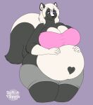 2020 2d_animation animated anthro artist_logo artist_name belly belly_overhang big_belly big_breasts black_body black_fur blush bottomwear breasts cleavage clothed clothing countershade_torso countershading crop_top digital_media_(artwork) female fur gloves_(marking) grin hair hand_on_belly hand_on_own_belly happy heart_(marking) huge_hips jessica_(coaster14) logo looking_at_own_belly loop mammal markings mephitid multicolored_body multicolored_fur obese obese_anthro obese_female overweight overweight_anthro overweight_female patting_belly portrait purple_background purple_eyes rumbling_stomach shirt short_playtime shorts simple_background skunk smile soft-spots solo tail text thick_thighs three-quarter_portrait three-quarter_view topwear tube_top two_tone_body two_tone_fur white_body white_fur white_hair wide_hips worried
