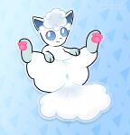alolan_form alolan_vulpix anus blue_eyes butt digital_media_(artwork) female female_feral feral fur generation_7_pokemon genitals hi_res leg_markings looking_at_viewer lying markings nintendo on_back pattern_background pawpads paws pincoosh pink_paws pokemon pokemon_(species) presenting presenting_anus presenting_vulva quadruped regional_form_(pokemon) signature simple_background smile socks_(marking) solo tail vulva white_body white_fur