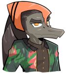 alpha_channel anthro biped brown_body brown_hair brown_scales bust_portrait clothed clothed_anthro clothed_male clothing colored floral_print front_view frown goodbye_volcano_high hair head_turned hi_res jacket looking_at_viewer male markings naser_(gvh) orange_body orange_eyes orange_scales portrait prehistoric_species pterodactylus pterosaur reptile scales scalie scar shaded short_hair simple_background solo striped_markings stripes topwear transparent_background unlimited-edge wings