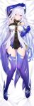  1girl armpits bandana bed_sheet black_bandana black_leotard blush boots breasts closed_mouth covered_navel dakimakura_(medium) dakimakura_(object) dress elbow_gloves facing_viewer feather_hair_ornament feathers full_body genshin_impact gloves hair_between_eyes hair_ornament highres kirilenko_(cgd) leotard long_hair looking_at_viewer lying medium_breasts multicolored_hair on_back on_bed pillow purple_boots purple_gloves purple_hair short_dress skirk_(genshin_impact) solo streaked_hair thigh_boots thighs very_long_hair white_dress white_hair 