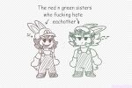 &gt;:3 2024 3:2 anthro boots checkered checkered_background cheek_tuft clothed clothed_anthro clothed_female clothing colored_line_art digital_drawing_(artwork) digital_media_(artwork) directional_arrow dot_eyes duo edge_(mario_plus_rabbids) english_description english_text eyebrows eyelashes facial_tuft featureless_hands female female_anthro flat_chested fluffy fluffy_tail footwear fully_clothed fully_clothed_anthro fully_clothed_female gaypastabake gloves green_boots green_clothing green_eyes green_footwear green_hair green_line_art grey_boots grey_clothing grey_footwear grey_hair grey_line_art hair handwear hat headgear headwear kanya_(mario_plus_rabbids) lagomorph long_ears mammal mario_plus_rabbids_sparks_of_hope nintendo noseless overalls pattern_background profanity rabbid raving_rabbids rayman_(series) scut_tail sharp_teeth shoes short_hair short_tail simple_background simple_eyes standing tail teeth text thick_eyebrows toothy_smile tuft ubisoft